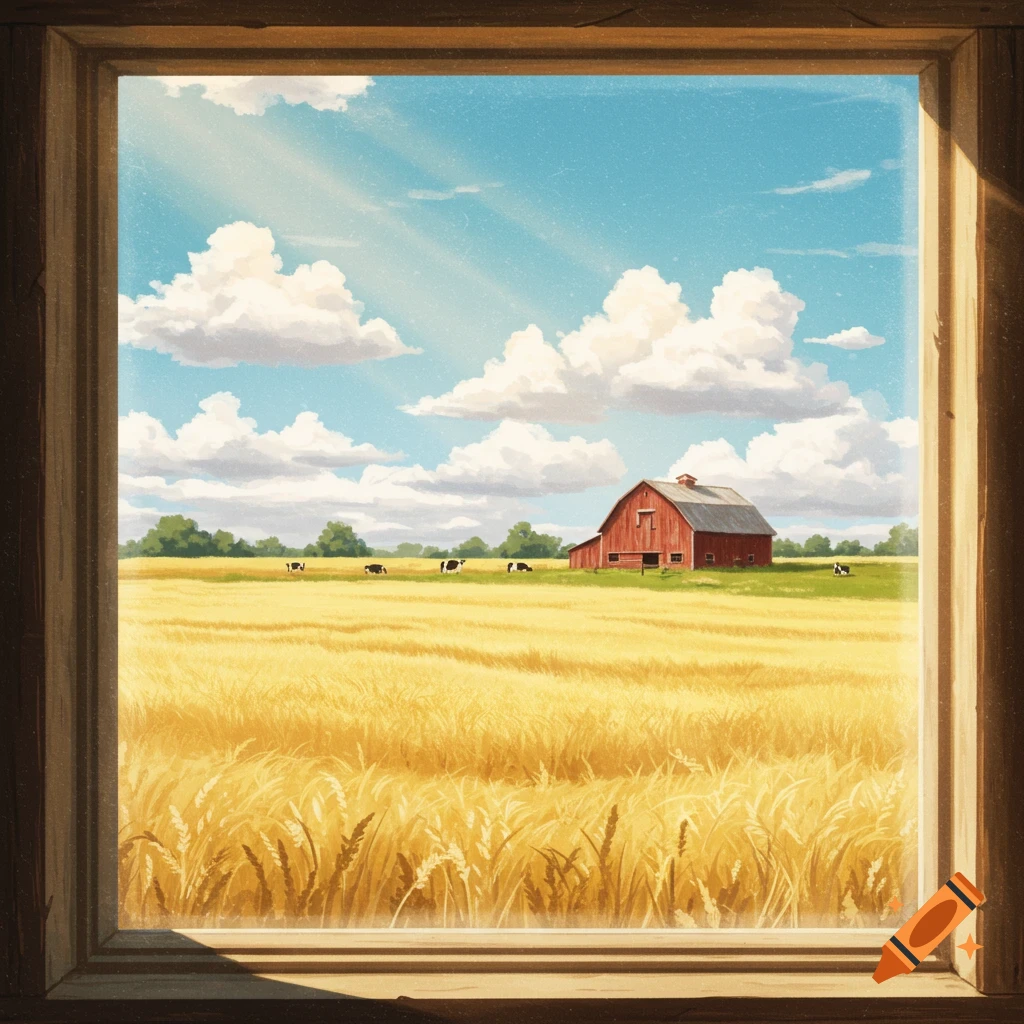 Farm scene with a red barn, golden field, and cows, viewed through a wooden window frame.