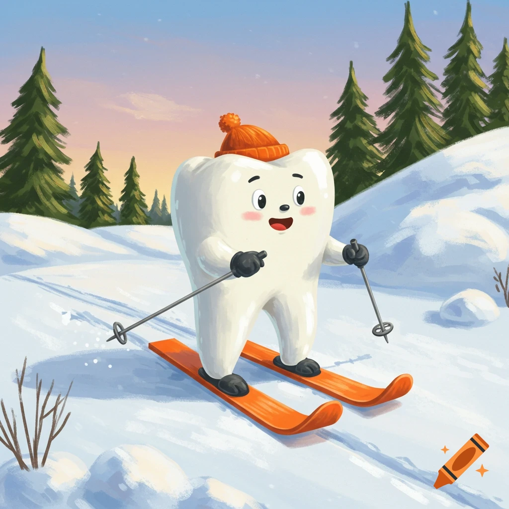 A cartoon tooth character wearing a hat skis down a snowy slope.