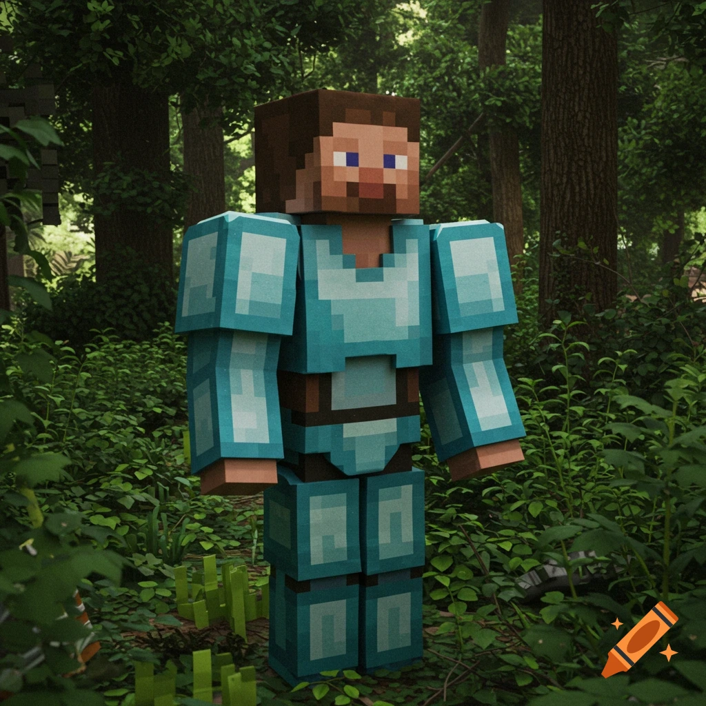Minecraft Steve in diamond armor stands in a realistic forest setting