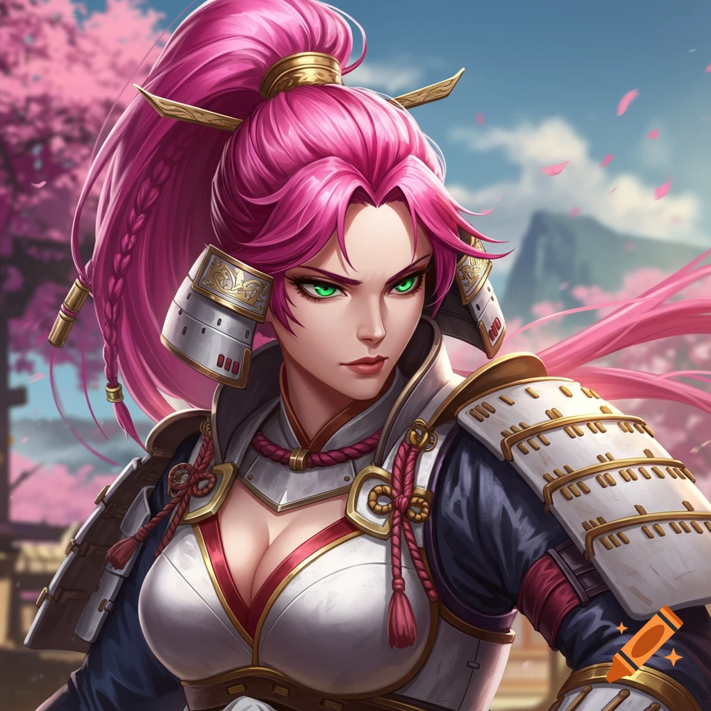 Anime style portrait of a female warrior with pink hair and green eyes wearing samurai armor under cherry blossoms.
