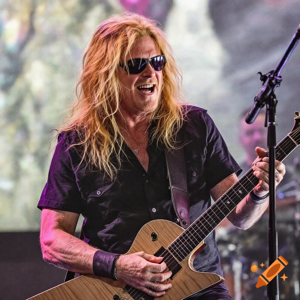 A man with long blonde hair and sunglasses plays a guitar on stage.