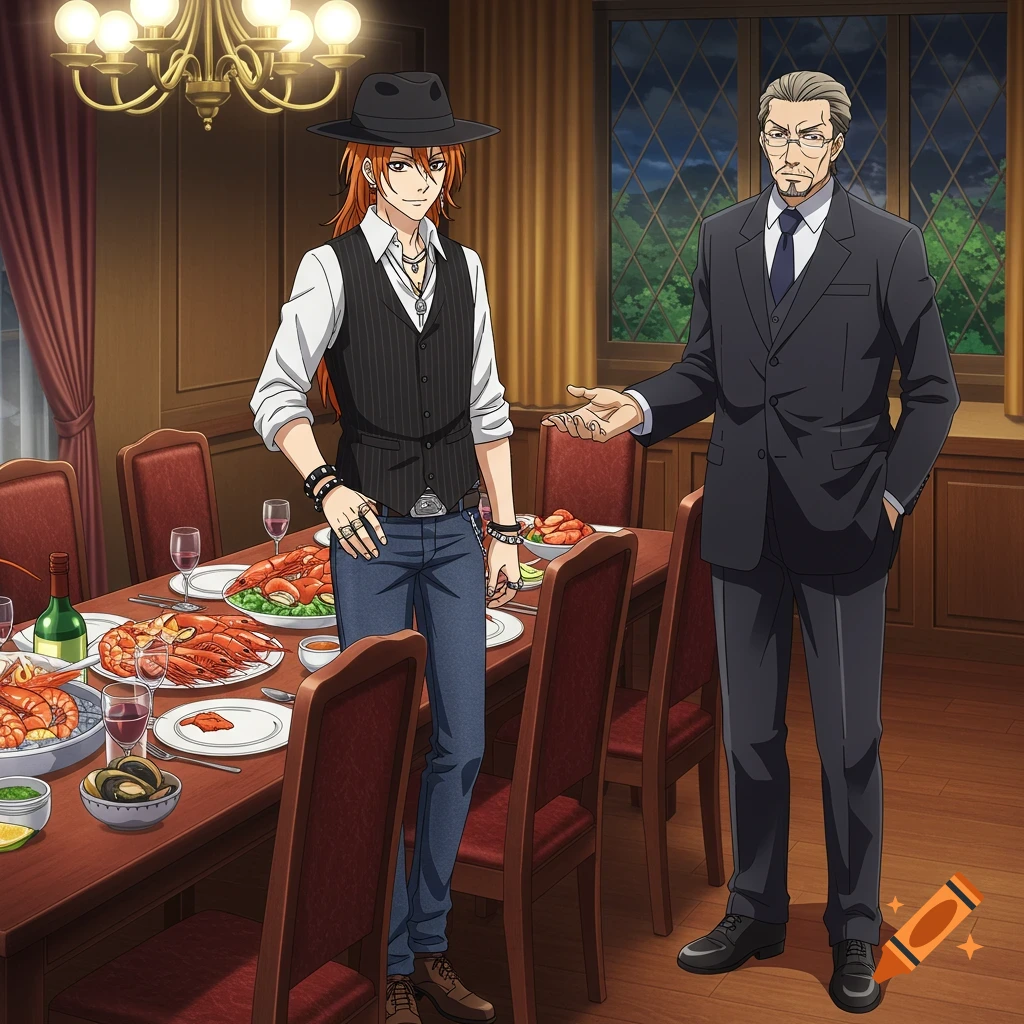 Two anime men stand by a dining table with a seafood feast in a richly detailed room.