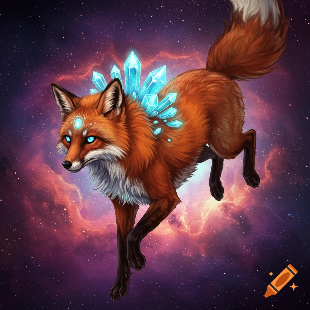 A fox with blue glowing crystals on its back floats in space.