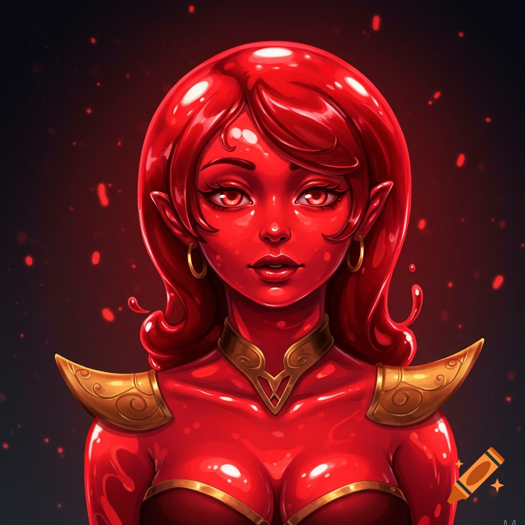 A red-skinned fantasy woman with gold armor.