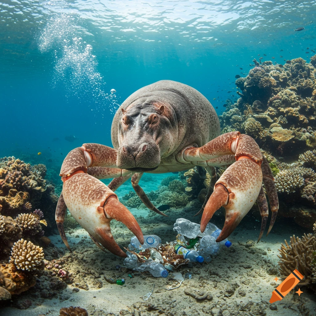 Photorealistic crab hippo hybrid underwater picking up plastic trash near coral reef.