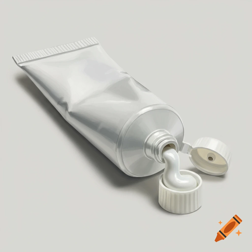 A white toothpaste tube is shown squeezing toothpaste into its cap.