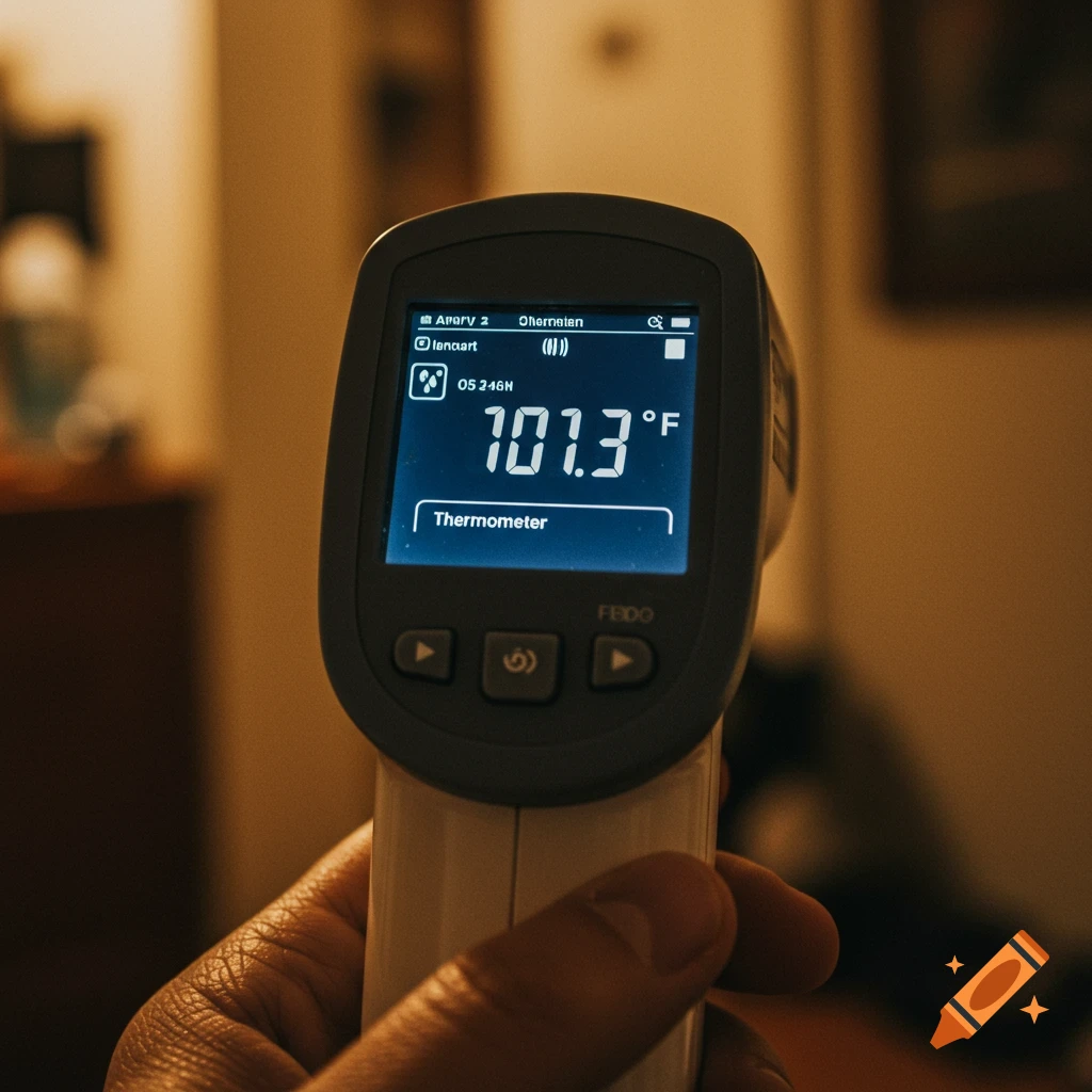 A hand holds an infrared thermometer displaying 101.3 degrees Fahrenheit on its screen.