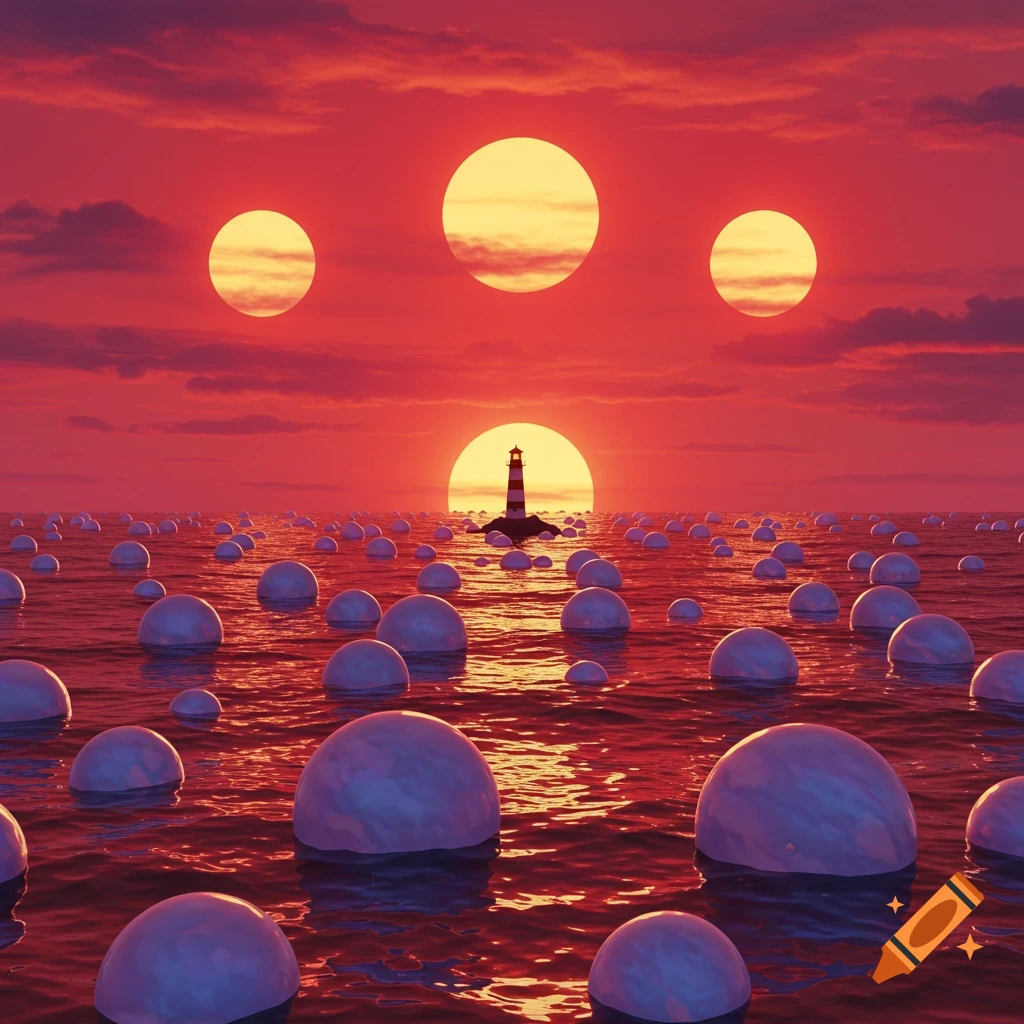 A surreal seascape with multiple suns, a lighthouse, and white domes floating on red water under a red sky.