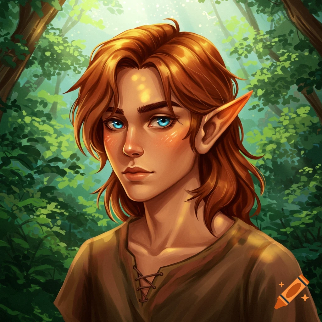 A young male half-elf with red hair and blue eyes in a forest.