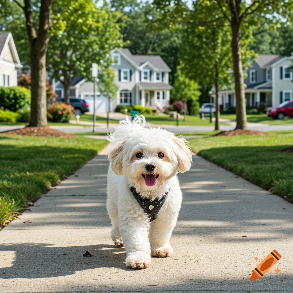 A fluffy white dog walks on a sidewalk in a suburban neighborhood.