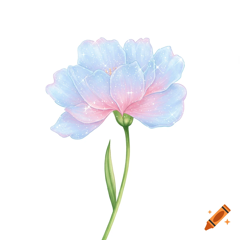 A light blue and pink flower with sparkles on a white background.
