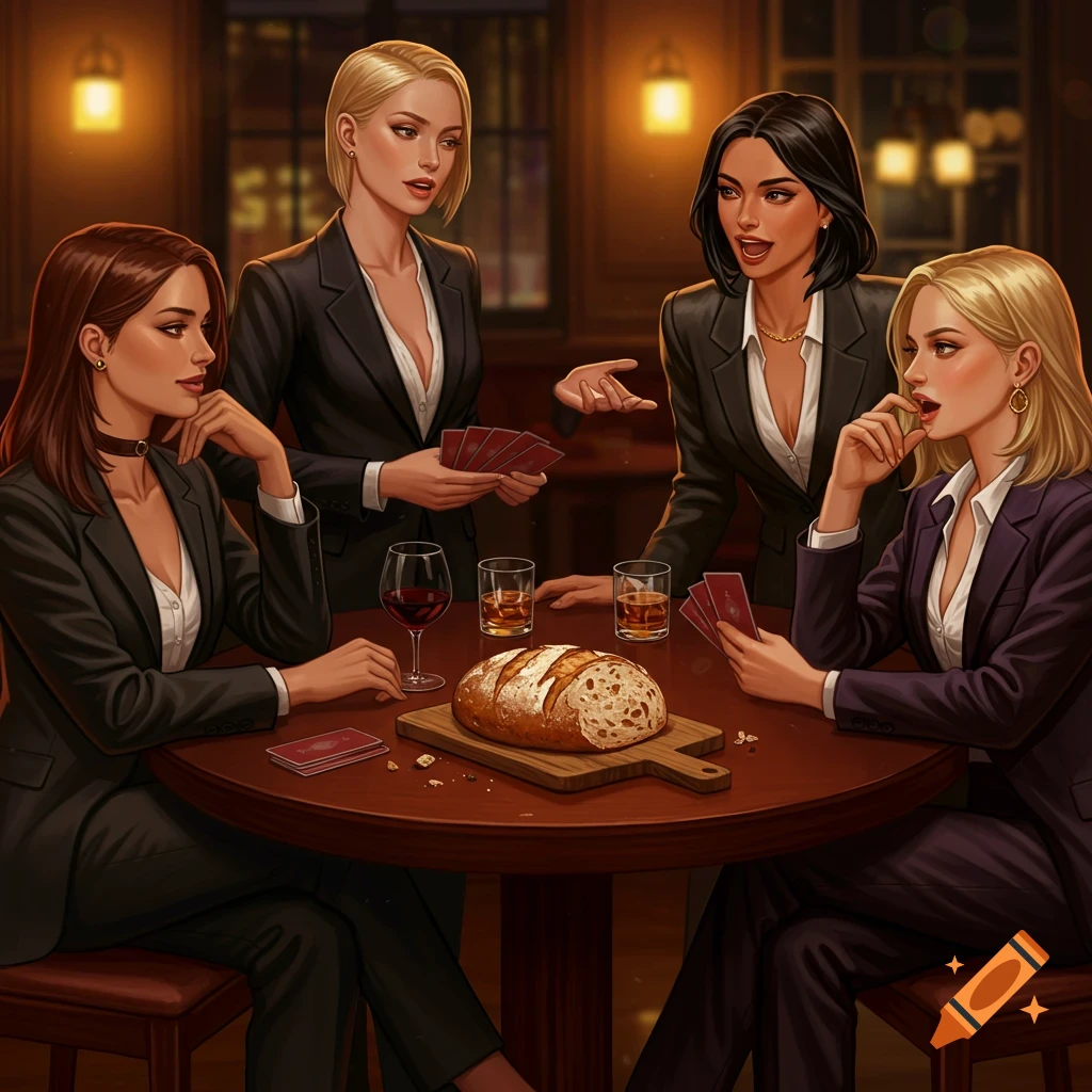 Four women in suits playing cards and drinking at a table.