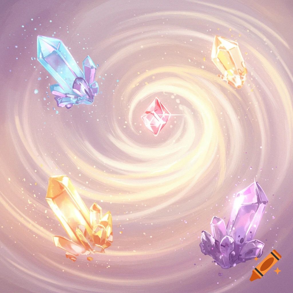 Floating crystals in a swirling light and energy field.