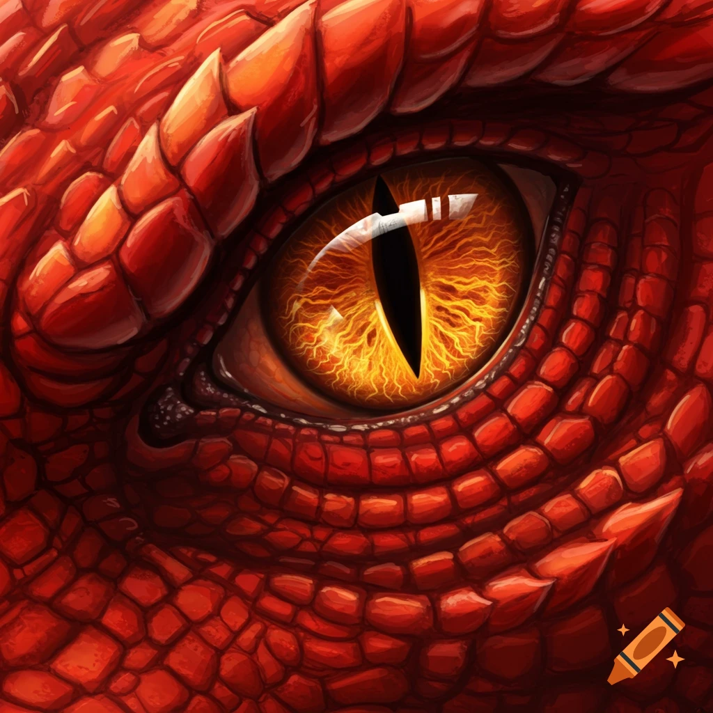 A close-up of a red dragon's eye with a golden reflection in the pupil.