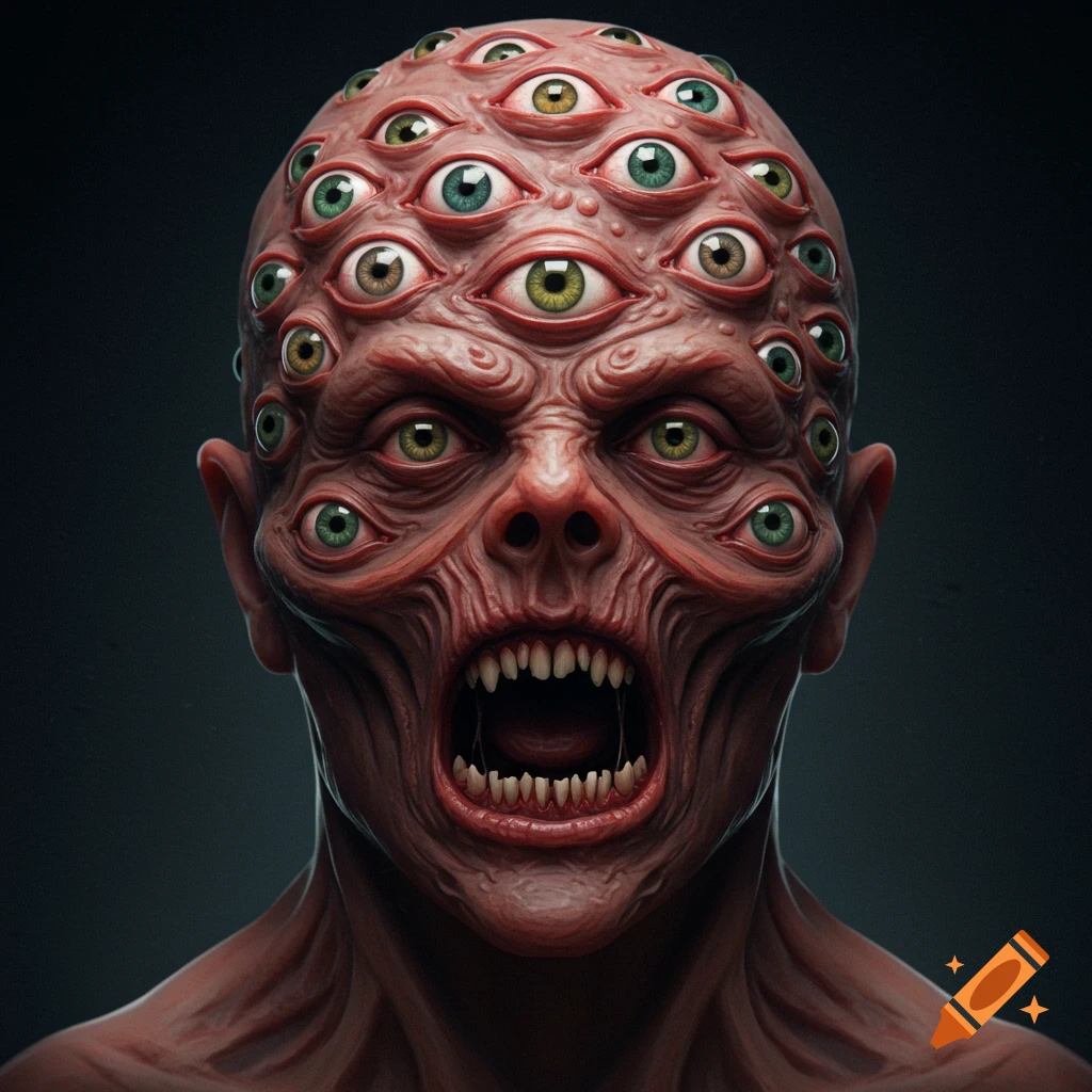 A scary head covered in multiple eyes with sharp teeth.