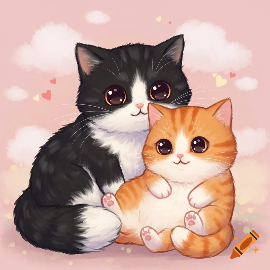 A cute black and white cat and an orange tabby cat sitting together on a pink background.