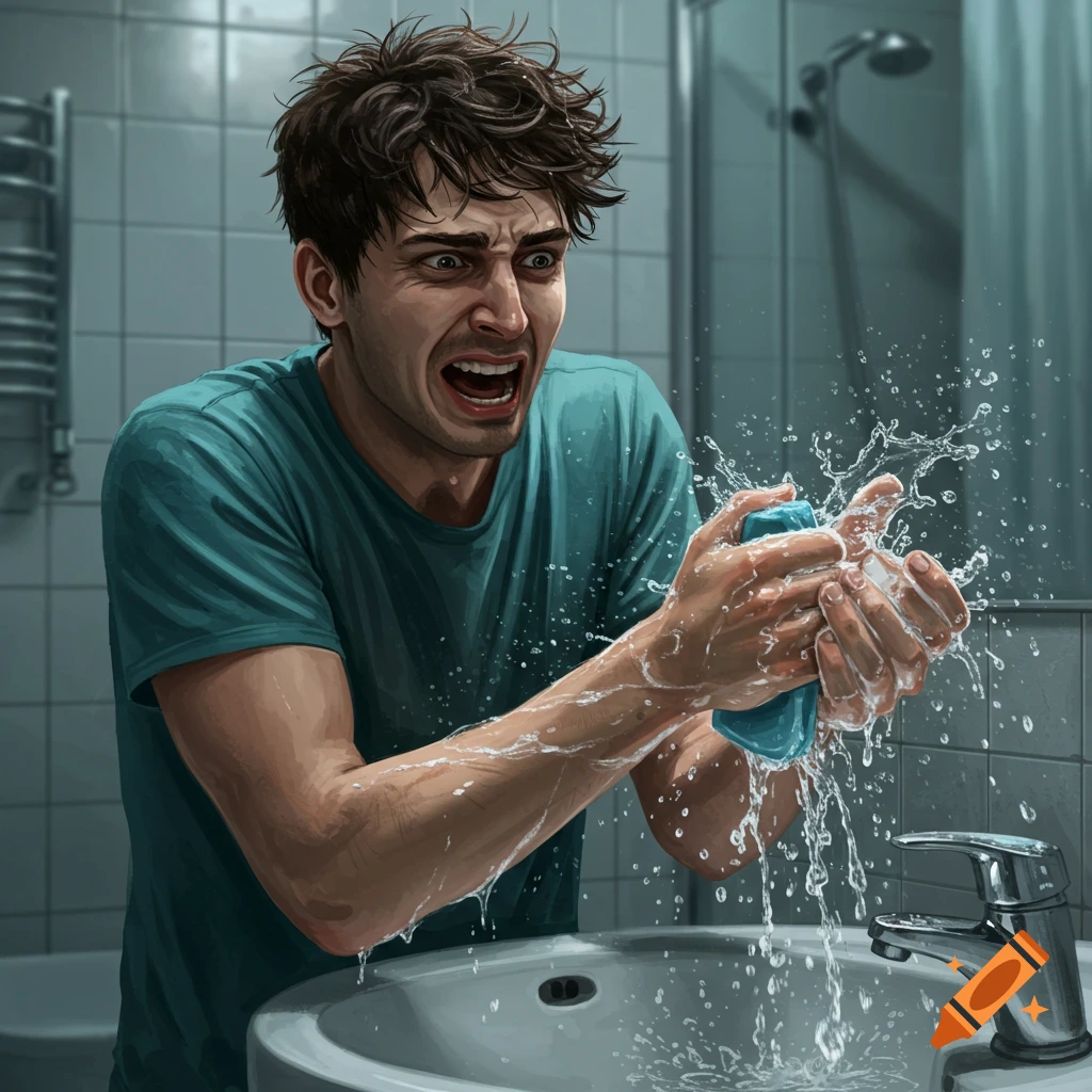 A man desperately washing his hands in a bathroom sink with splashing water.