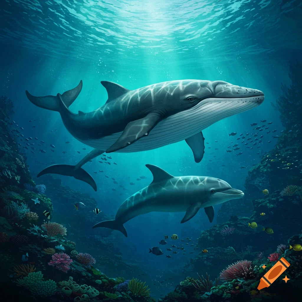 A whale and a dolphin swim together underwater near a vibrant coral reef with fish and light rays.