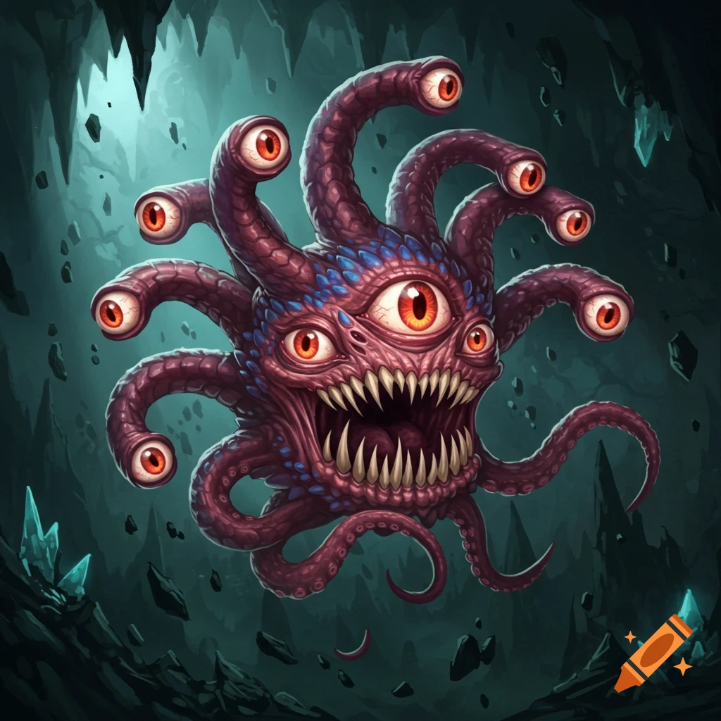 A multi-eyed, tentacled monster in a cave.