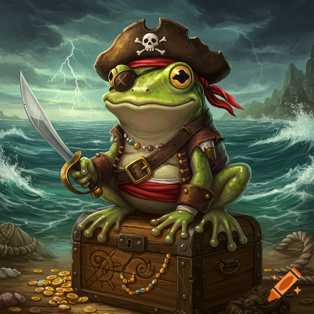 A pirate frog sitting on a treasure chest on a stormy beach, holding a sword.