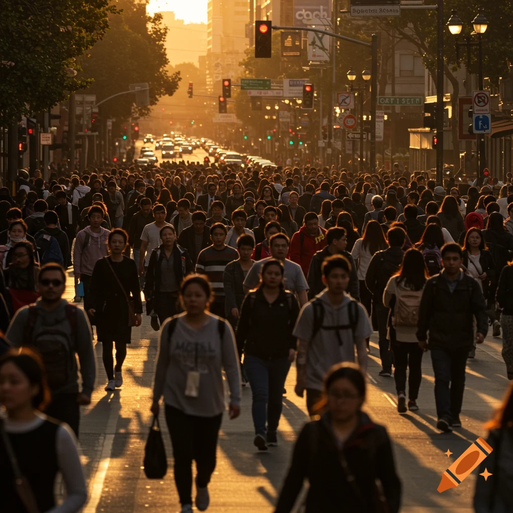 A large crowd of people walks down a city street during the morning golden hour.