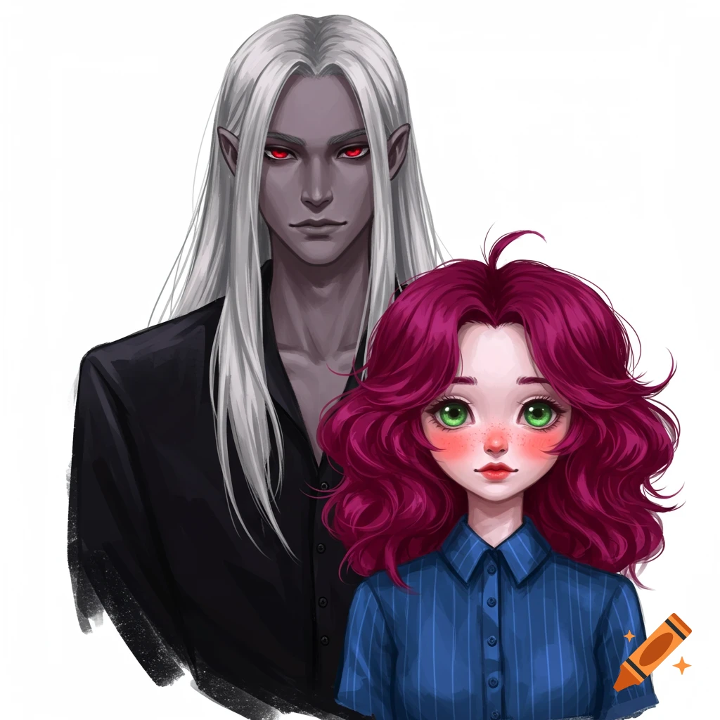Image of a tall man with grey hair and red eyes behind a smaller girl with magenta hair and green eyes.