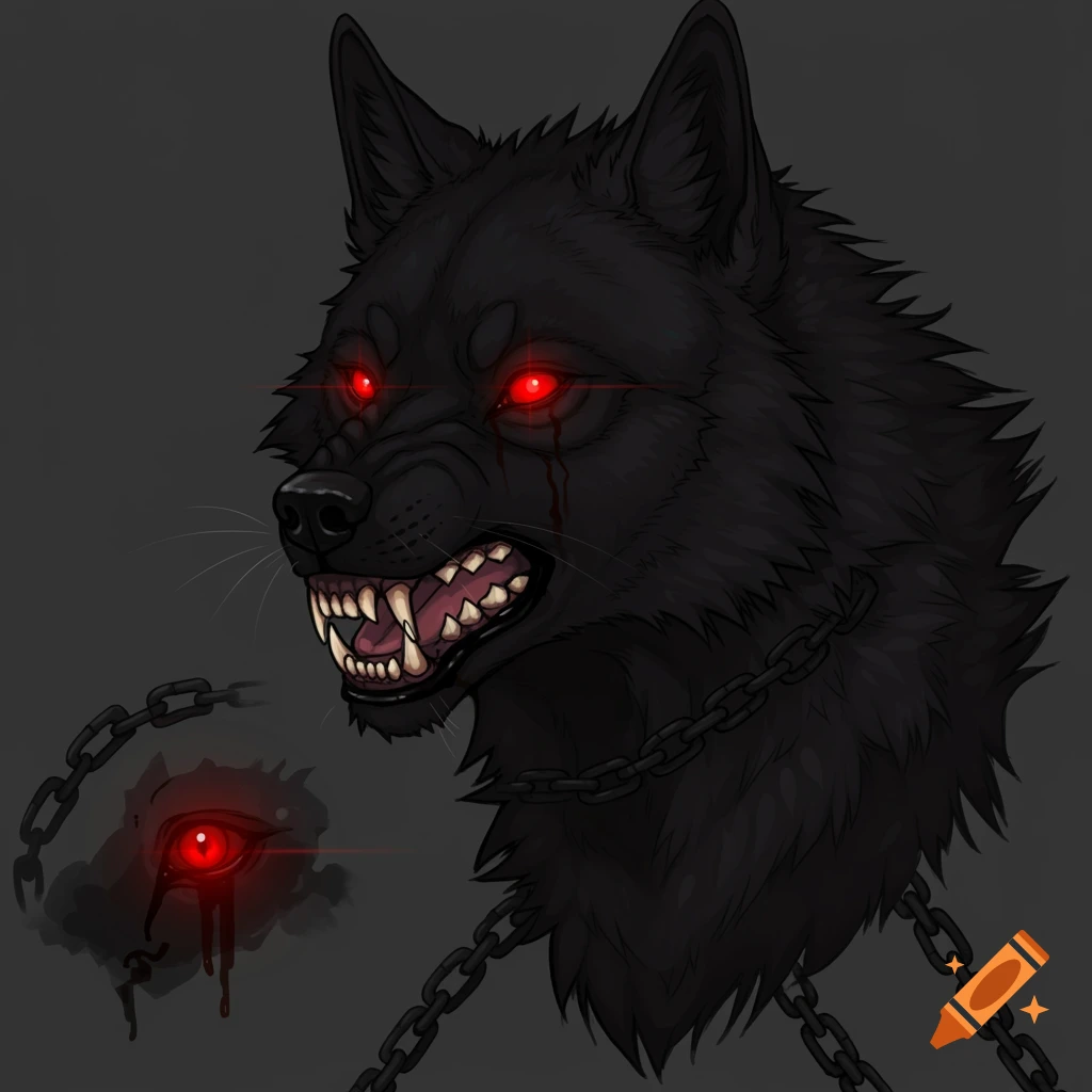Illustration of a snarling black wolf head with glowing red eyes, sharp teeth, and chains, with a detailed eye view.