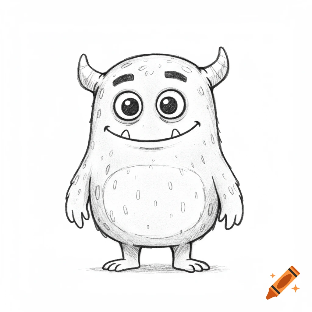 Pencil sketch of a smiling monster with horns and big eyes.
