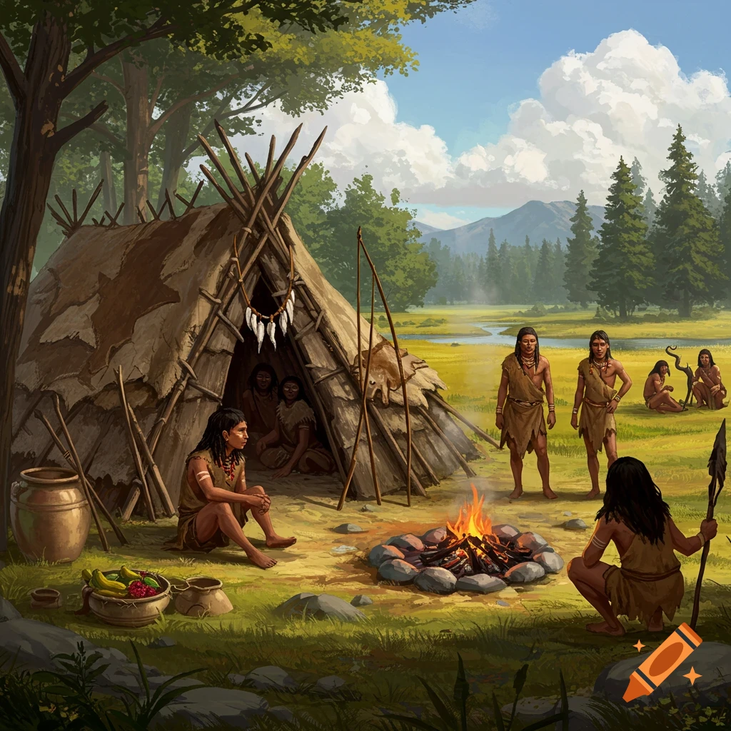 A primitive tribe gathered around a fire outside a hide tent in a forest clearing.