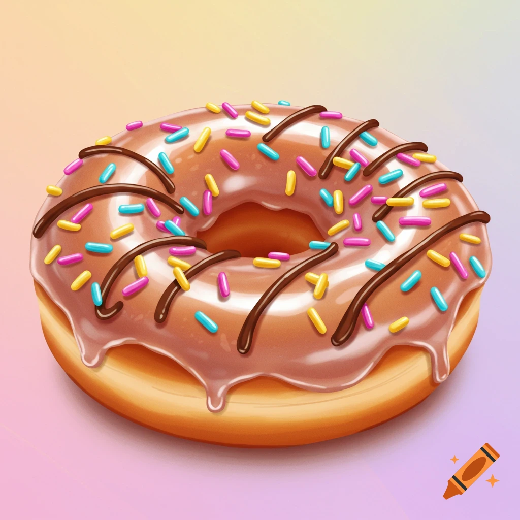 A donut with pink icing, sprinkles, and chocolate drizzle.