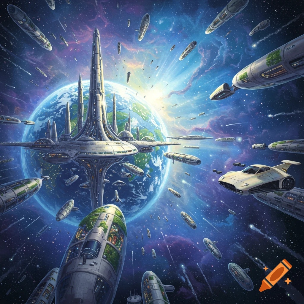 Painting of a futuristic city and spaceships orbiting Earth against a colorful space background.