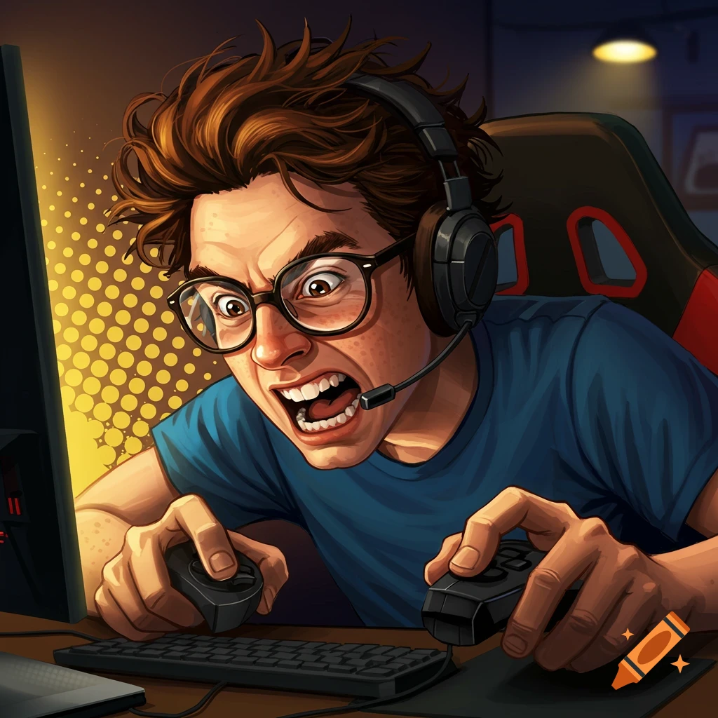 Angry man playing video games in comic art style