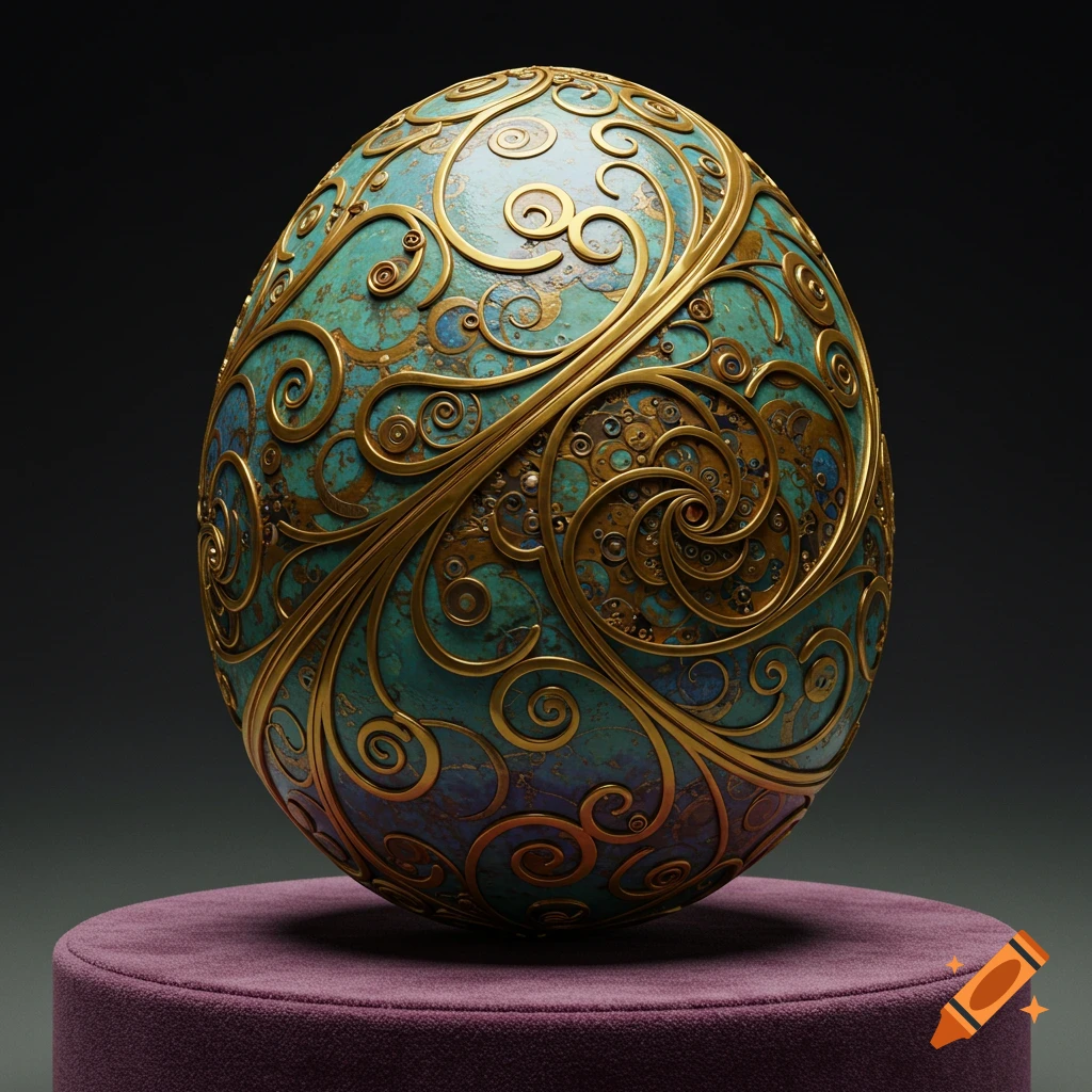 An ornate turquoise and gold egg with spiral patterns sits on a purple stand.