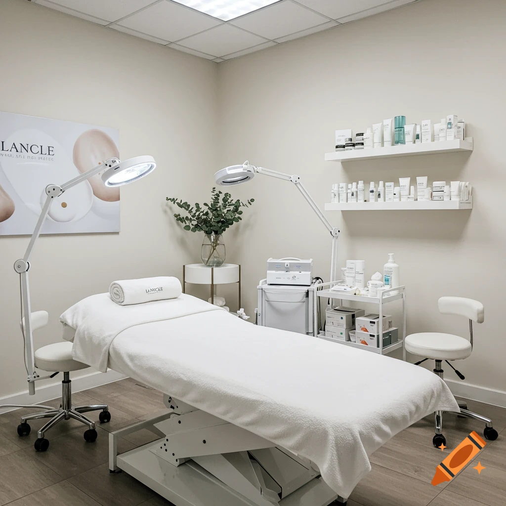 A modern, clean esthetician's treatment room with a bed, magnifying lamps, and shelves filled with skincare products. Photorealistic style.