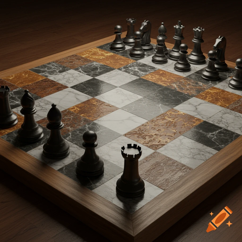 A 3D render of a chessboard with varied textures on each square and black chess pieces.