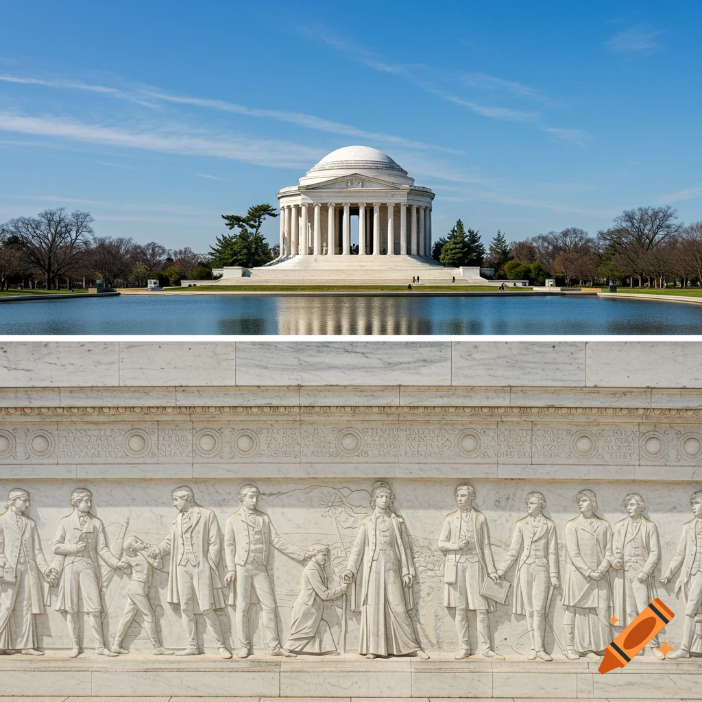 The Jefferson Memorial reflected in water, with a detailed marble relief sculpture below.