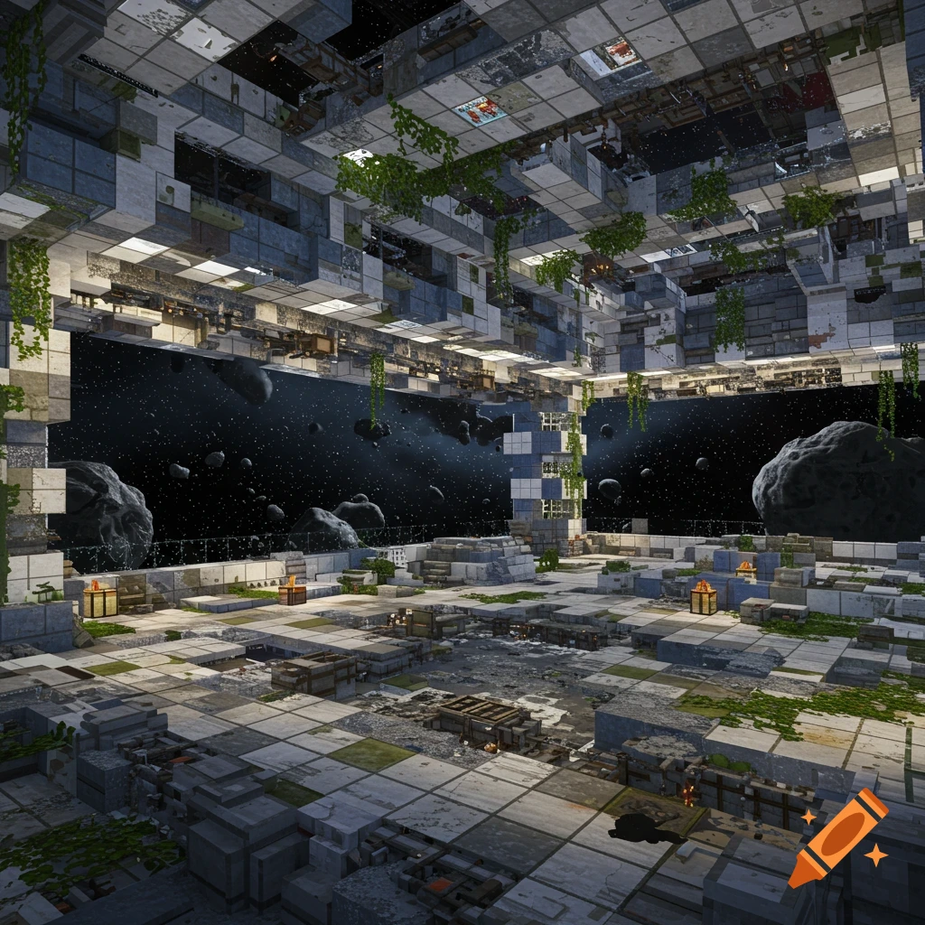 Blocky, abandoned starship lobby looking out at asteroids in space.