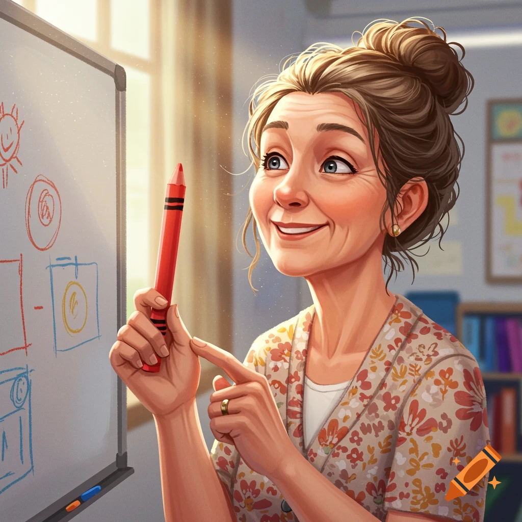 A smiling female teacher holding a red crayon at a whiteboard in a sunny classroom.