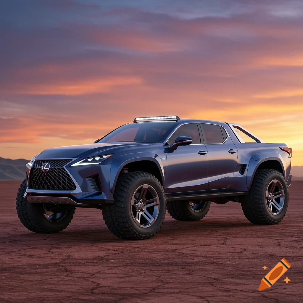 A futuristic blue Lexus pickup truck with large off-road tires sits in a desert landscape at sunset.