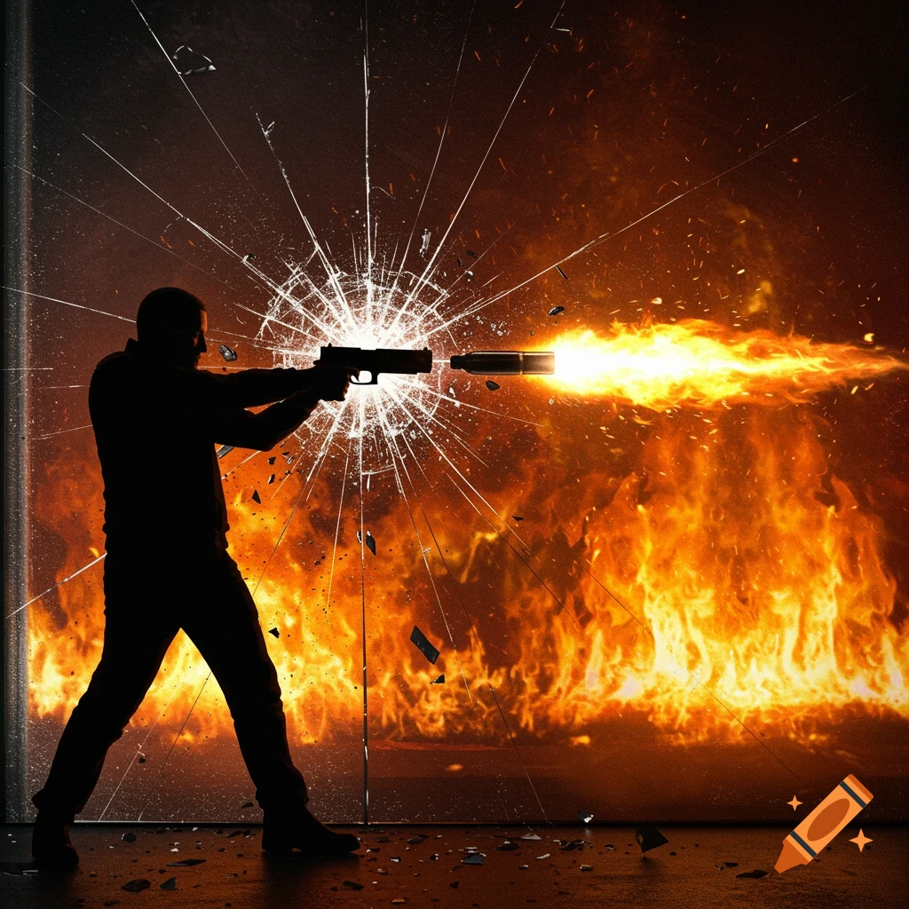 Silhouette of a man shooting a gun through cracking glass with a fiery background