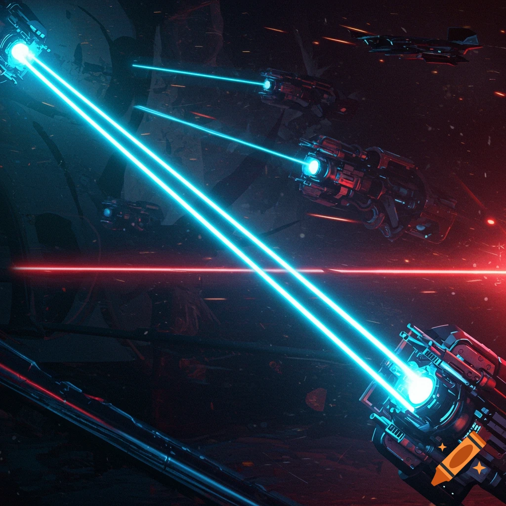 Futuristic laser weapons firing beams in a space battle.