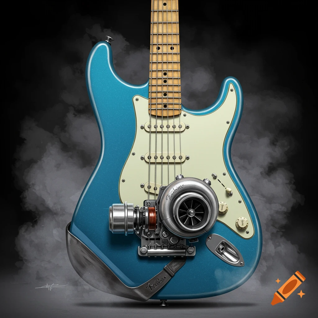 Blue Fender Stratocaster guitar with a turbocharger.