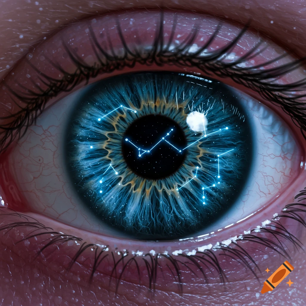 A close-up of a blue eye with constellations and glowing lines in the iris.
