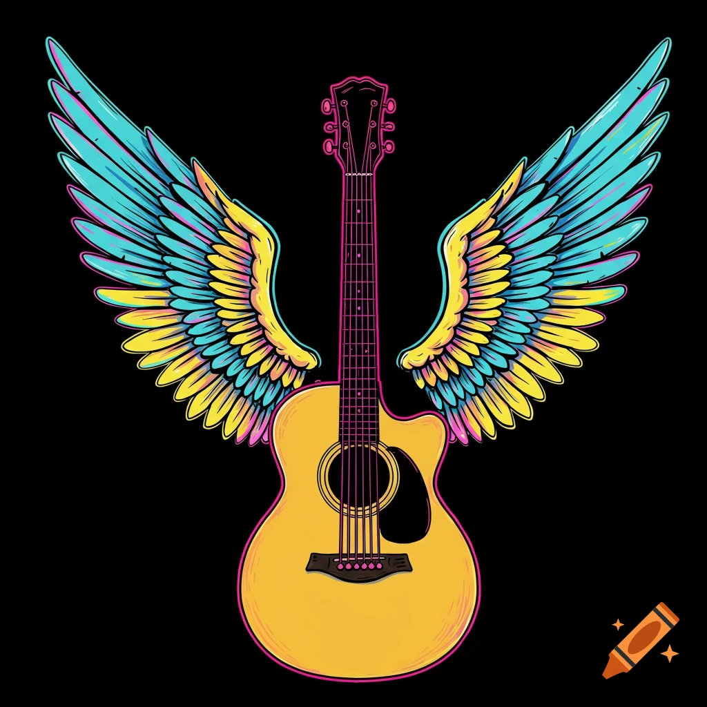 Stylized acoustic guitar with vibrant blue, yellow, and pink wings against a black background, in a tattoo design style.
