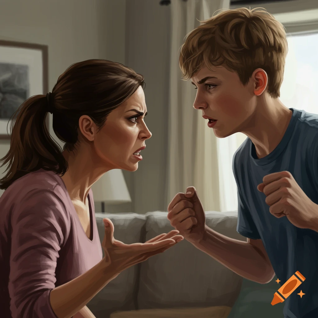 A mother and teenage son argue in a living room, emphasizing intense emotions.