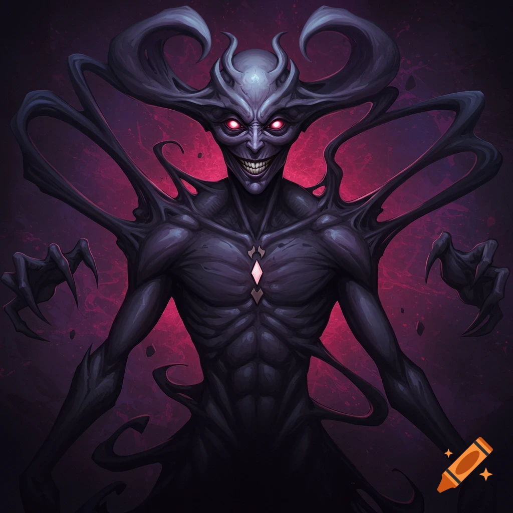 A dark monstrous creature with horns, red eyes, sharp teeth, and swirling tendrils.