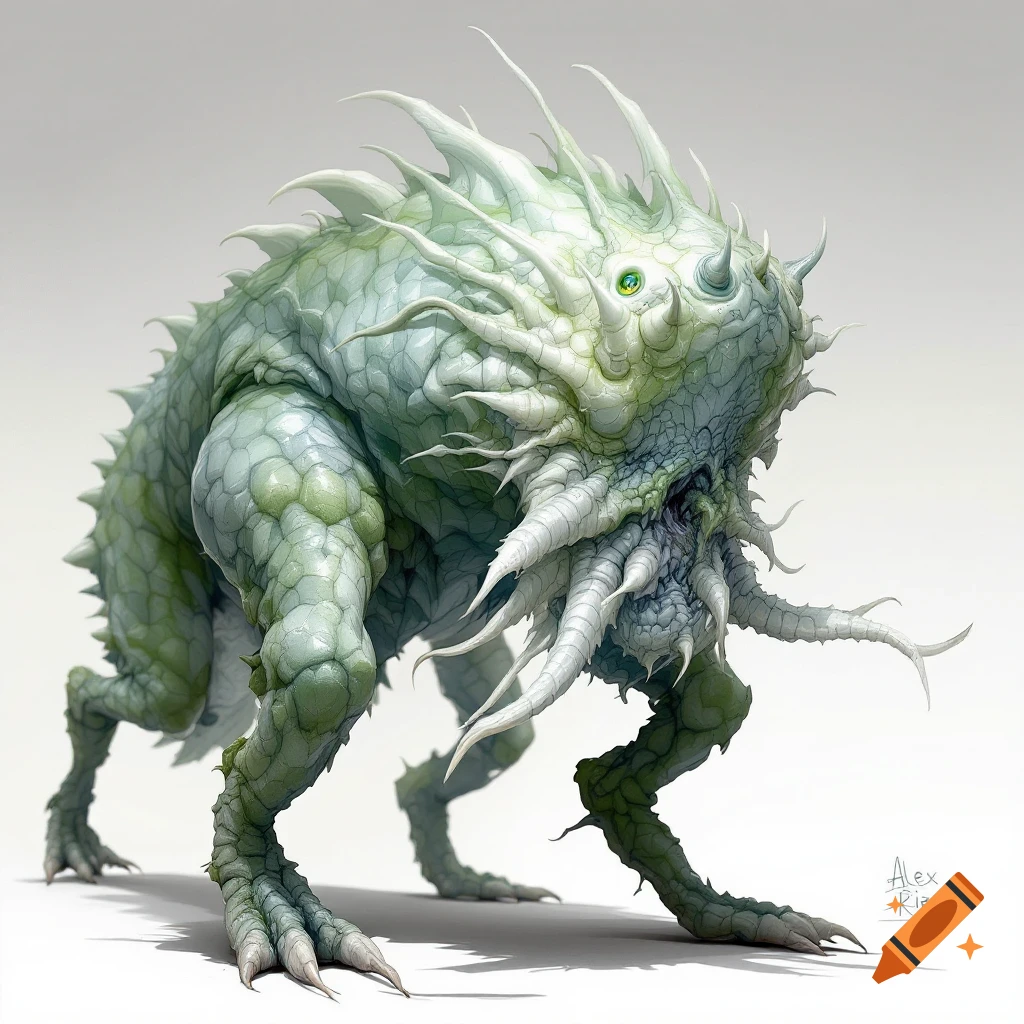 A detailed illustration of a green, scaly creature with spikes and tentacles, standing on four legs.