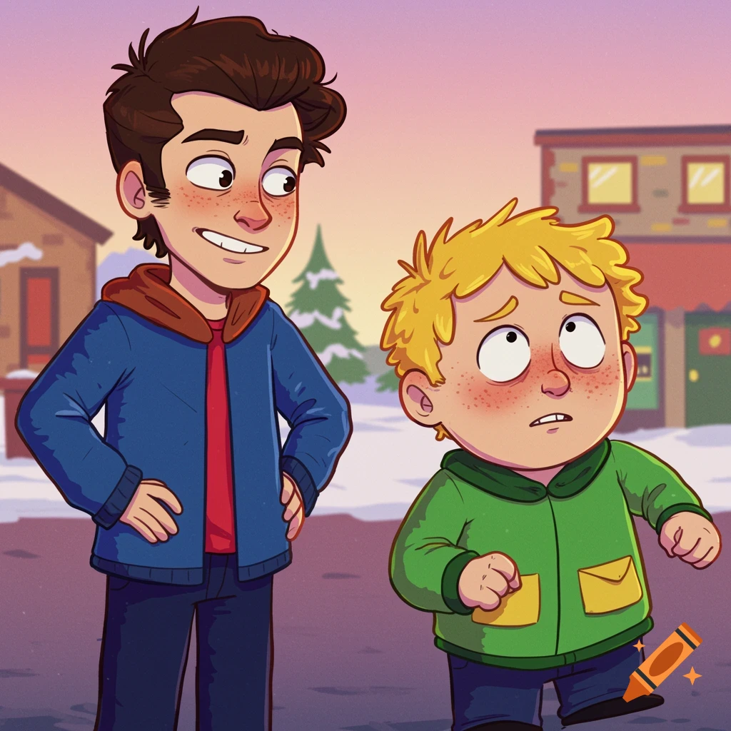 Two cartoon characters, one tall with dark hair and one short with blonde hair, stand in a snowy town.
