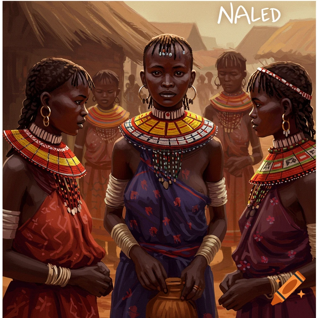 Image of women in traditional attire with beaded collars in a village setting