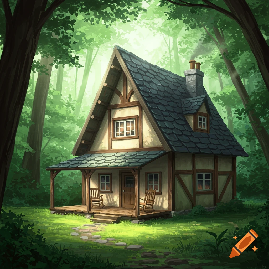 A cozy cottage is nestled in a sunlit forest. Two rocking chairs are on the porch.
